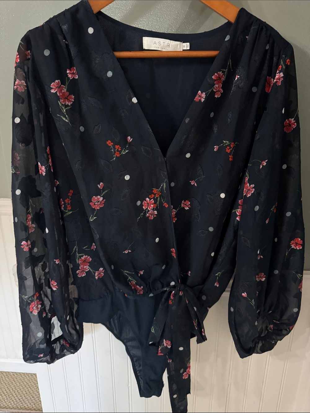 Astr Navy Floral Tie-Front Sheer Long-Sleeve Bodysuit